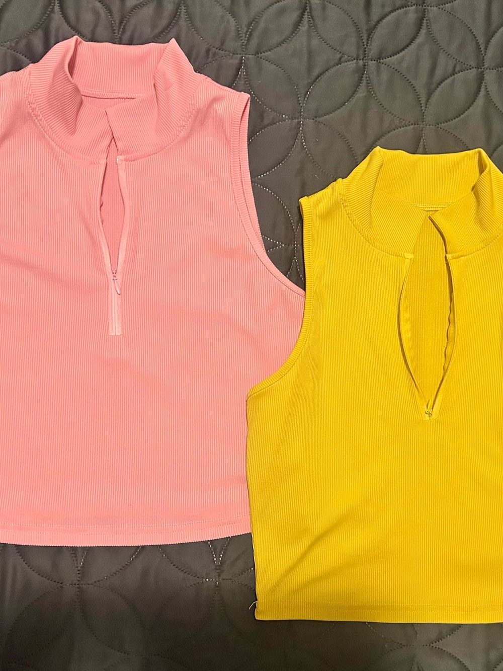 SHEIN Pink and Yellow Ribbed Zip-Front Crop Tops